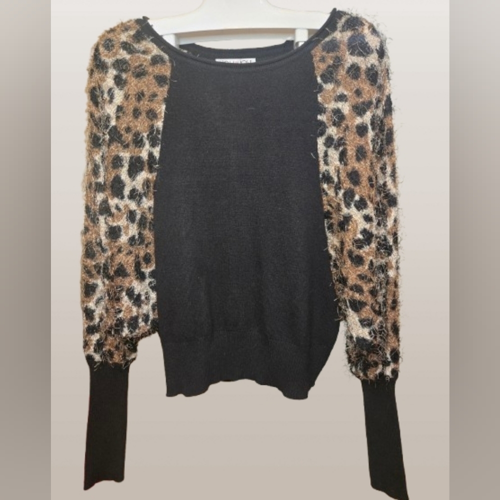 Joy Joy Black Sweater with Leopard Print Eyelash Puff Sleeves